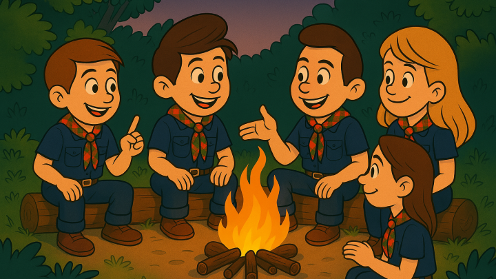 Spejdere, der inspirerer hinanden rundt om lejrbålet